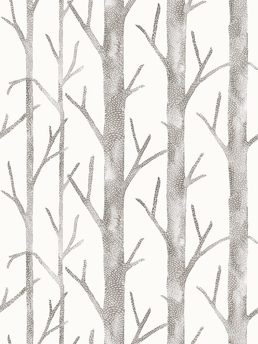 Repeating pattern of gray tree trunks with bare branches on a light background; wallpaper or fabric design.