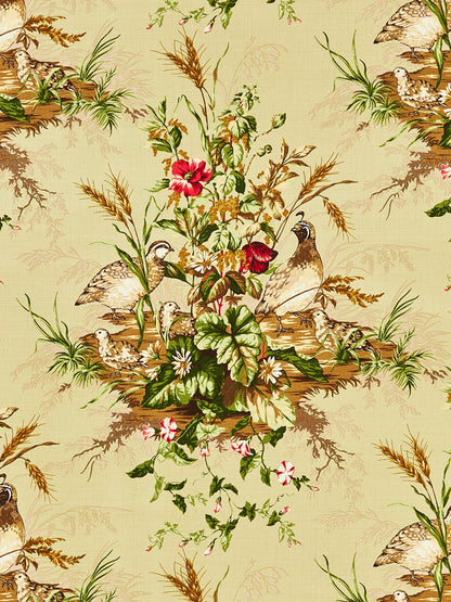 Beige textile print featuring a vintage bouquet with grasses and quail-like birds, green leaves, and red flowers.