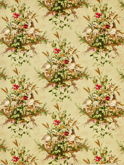 Beige botanical print fabric featuring pheasants perched among green leaves, red flowers, and grasses.