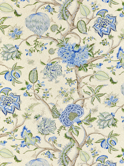 SCALAMANDRE  PONDICHERRY COTTON PRINT FABRIC BLUE, GREEN ON CREAM   - SC 000316430 NEW SKU # SC164300003