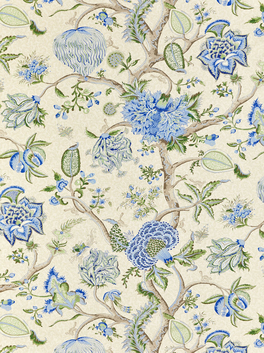 SCALAMANDRE  PONDICHERRY COTTON PRINT FABRIC BLUE, GREEN ON CREAM   - SC 000316430