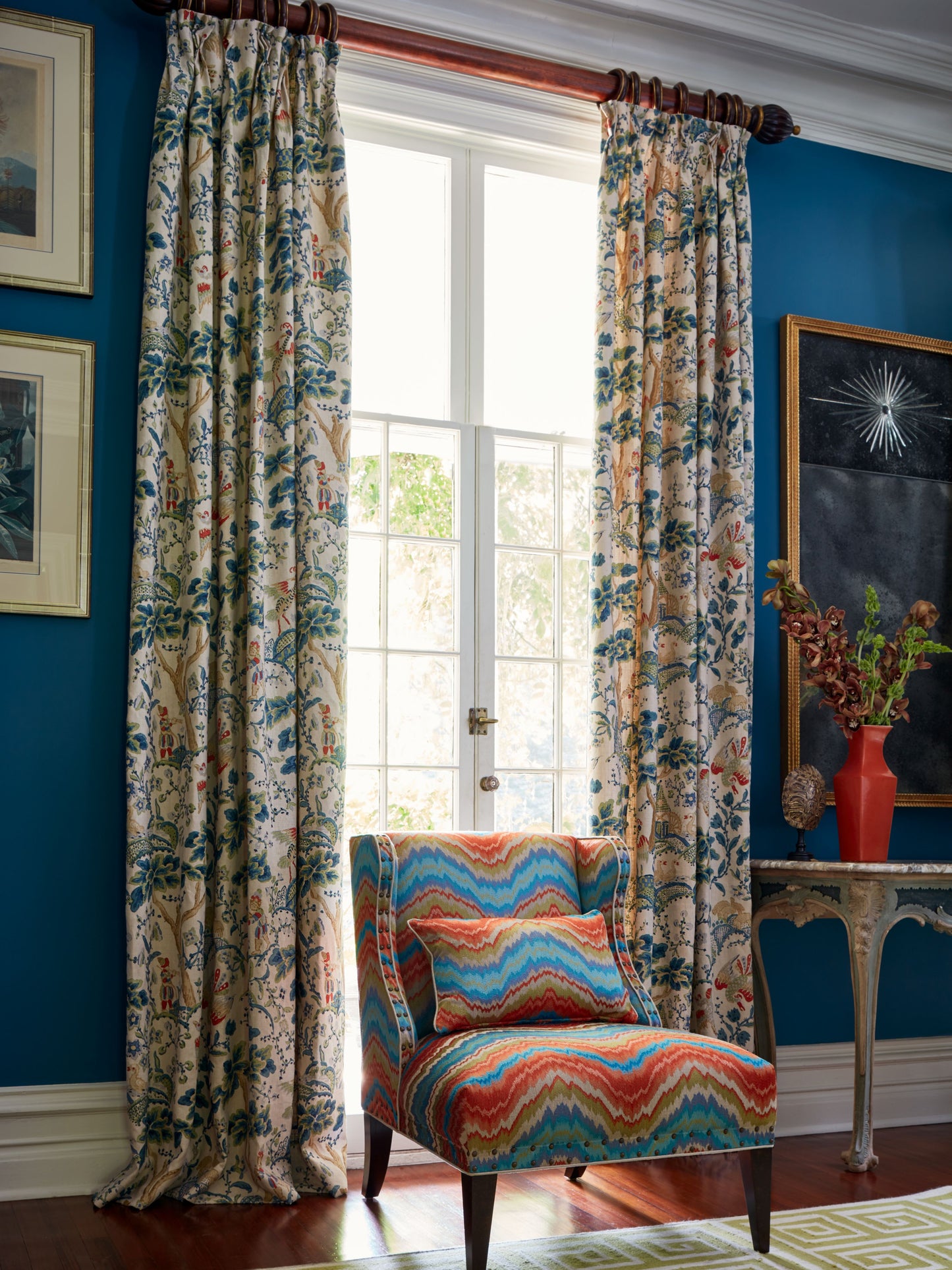 SCALAMANDRE  KELMESCOTT HAND BLOCK PRINT FABRIC PEACOCK ON SAND   - SC 000316590 NEW SKU # SC165900003