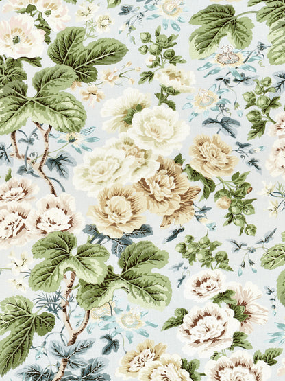 Floral fabric pattern with large cream peonies, green leaves, on a pale blue background; botanical home decor.