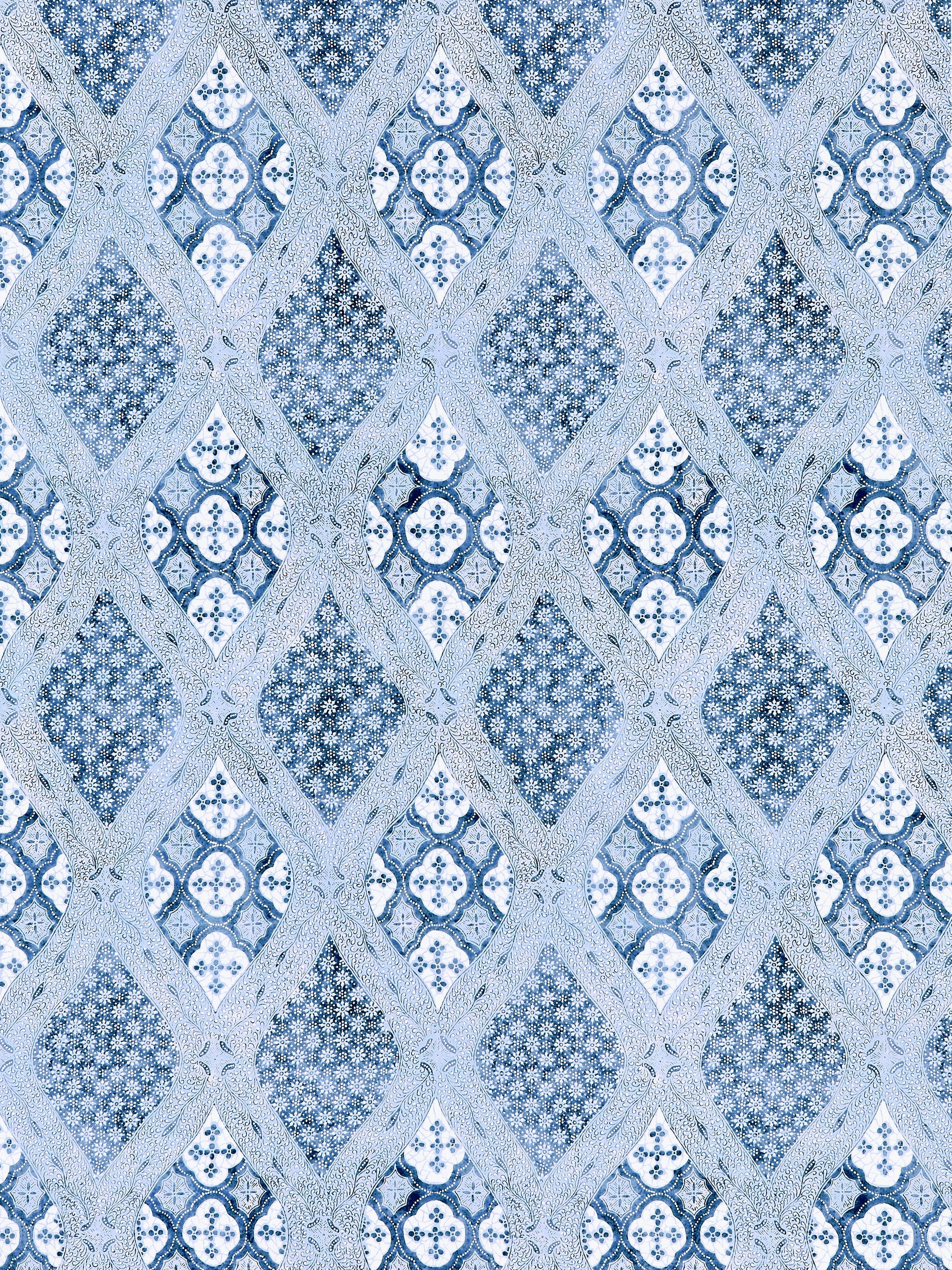 Blue and pale-blue diamond lattice pattern with floral motifs; lace-like textile or wallpaper print.