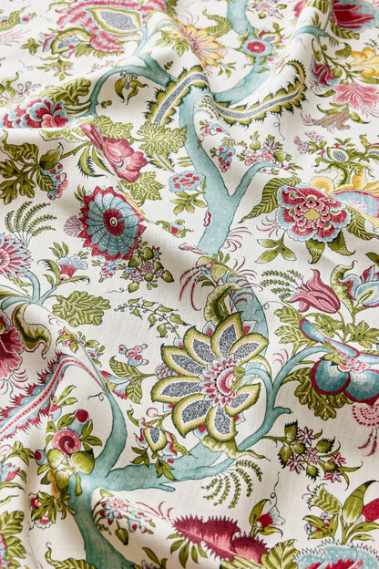 Colorful botanical fabric with turquoise vines and pink, yellow, blue flowers on a light background.