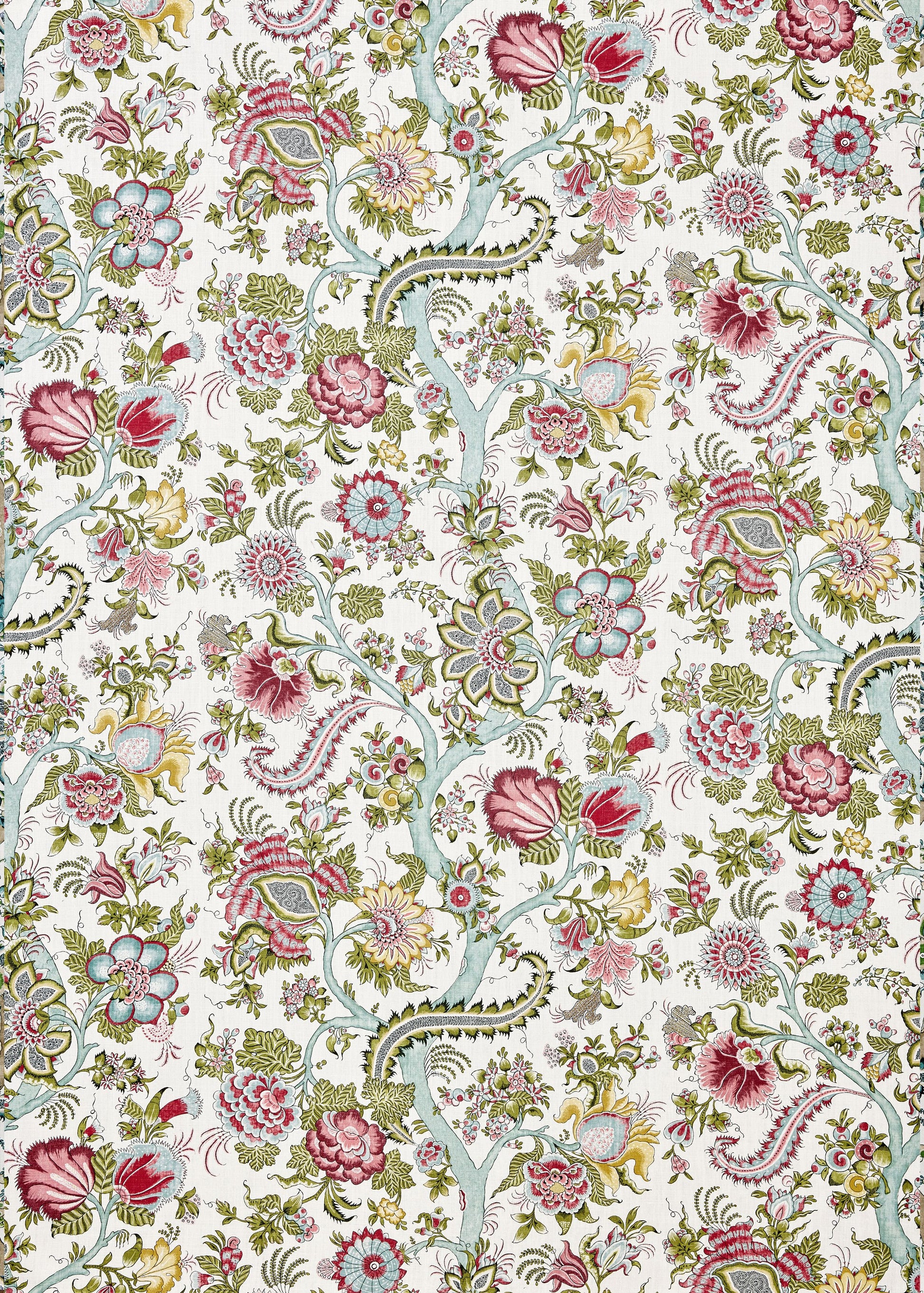 Pastel floral wallpaper pattern with teal branches and pink, blue, yellow blossoms on cream background.