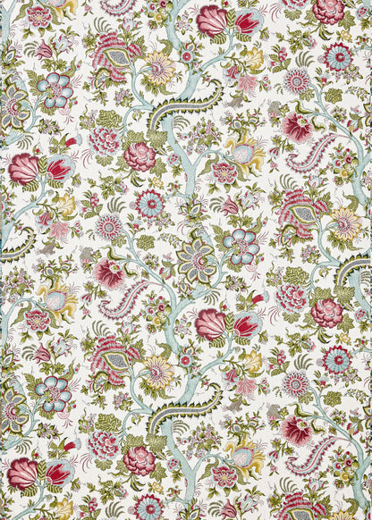 Pastel floral wallpaper pattern with teal branches and pink, blue, yellow blossoms on cream background.