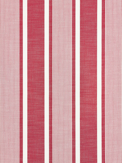 Red and white striped fabric with alternating wide and narrow vertical stripes; bold nautical-inspired look.