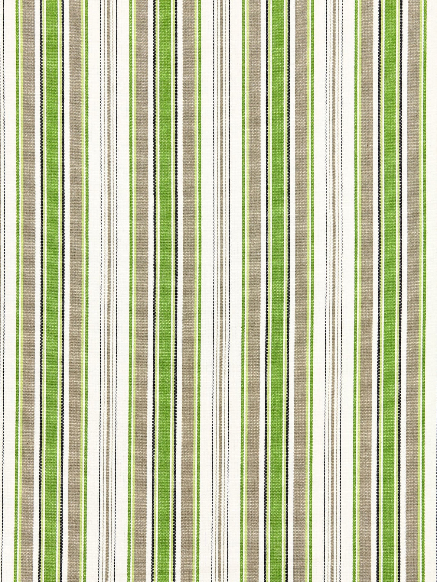 Vertical striped fabric in lime green, olive, beige & white for upholstery or curtains.
