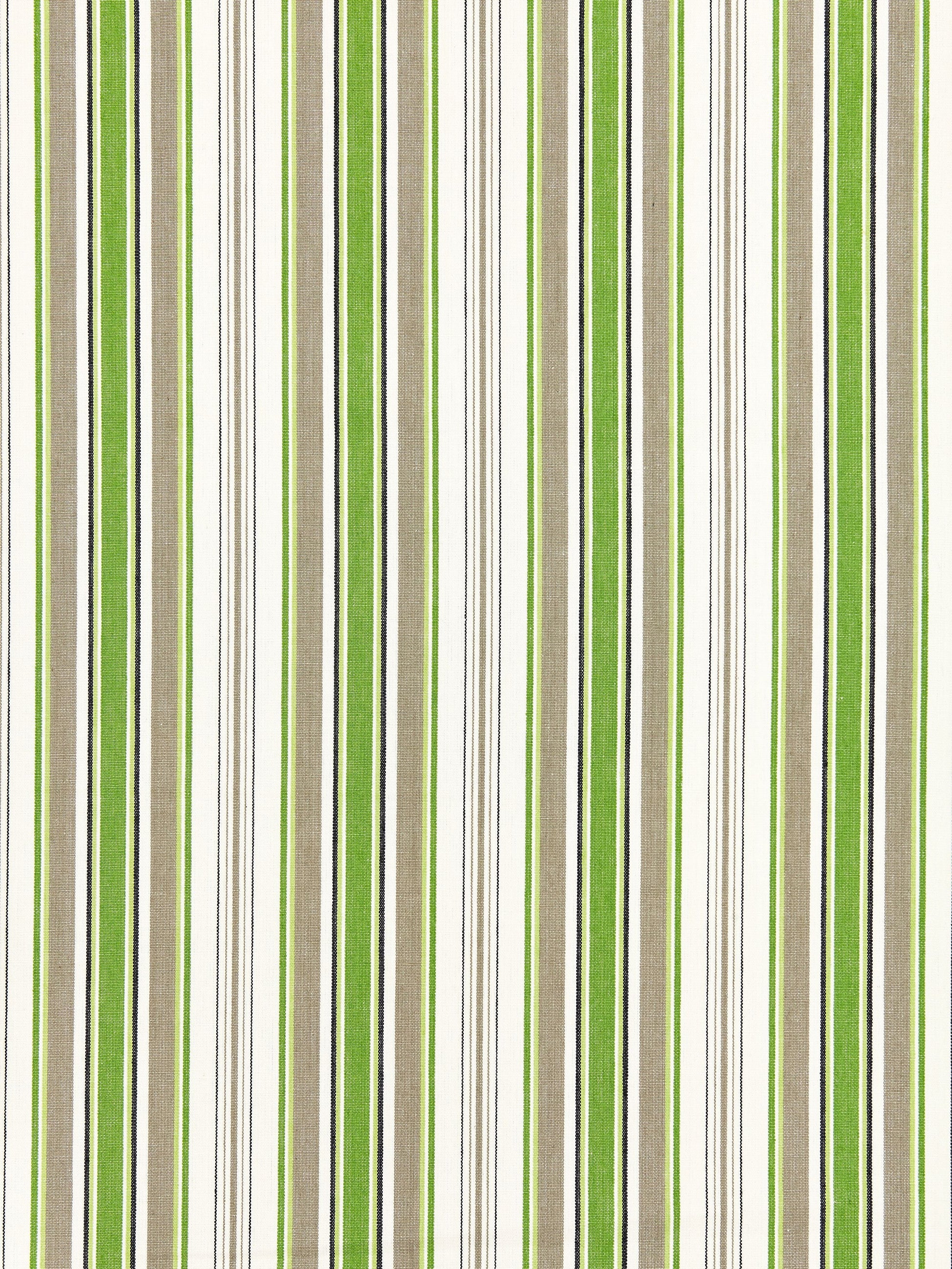 Vertical striped fabric in lime green, olive, beige & white for upholstery or curtains.