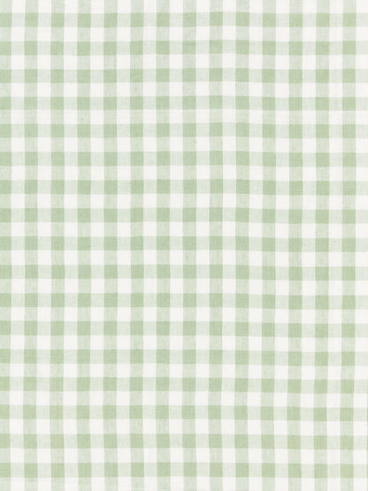 Pale green and white gingham fabric pattern, cotton-like textile with checker squares.