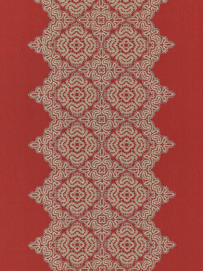 Red fabric with vertical cream lace trim featuring ornate floral diamond motifs.