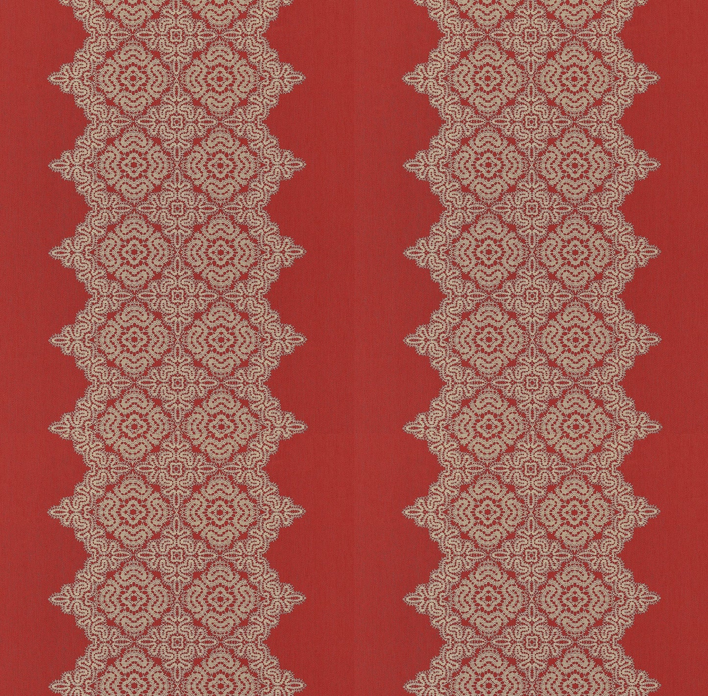 Red fabric with cream lace-like diamond lattice patterns forming two vertical columns.