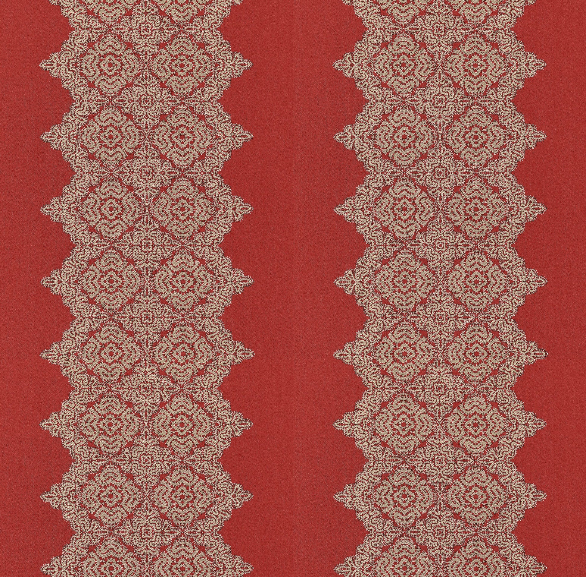 Red fabric with cream lace-like diamond lattice patterns forming two vertical columns.