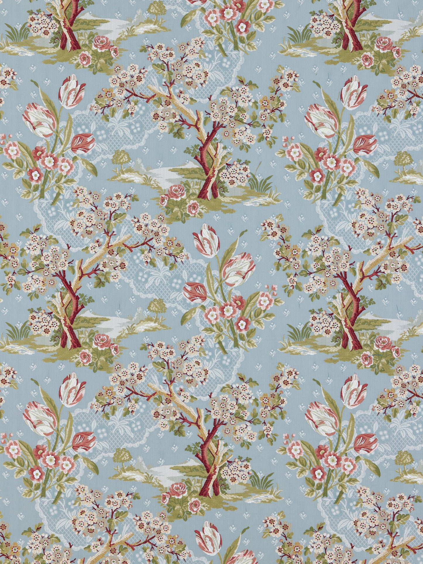 Pastel blue toile-style floral fabric with blooming trees, tulips and vines; vintage tapestry print for upholstery.