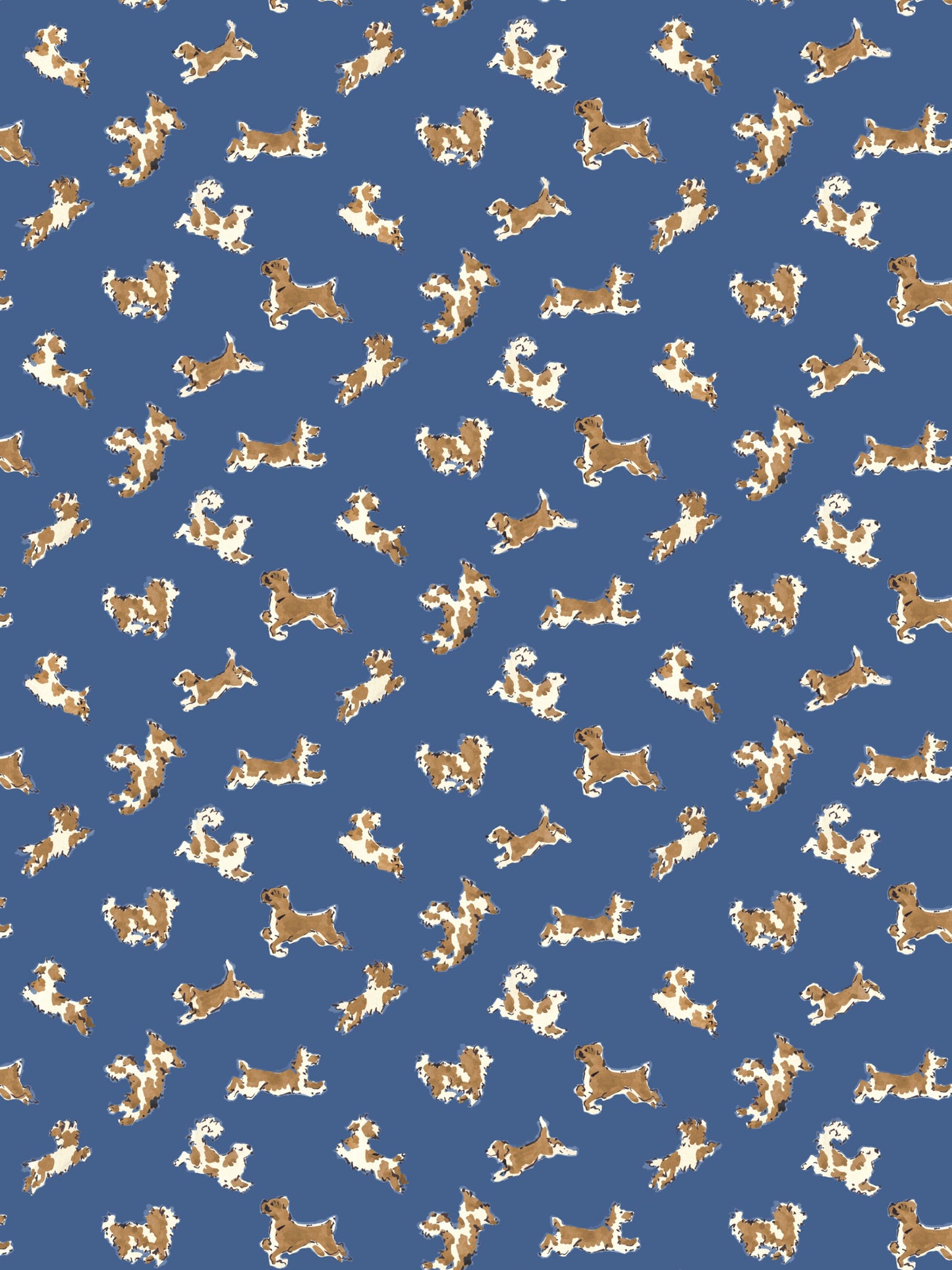 Blue background with a repeating pattern of tan and white horse silhouettes in various directions.
