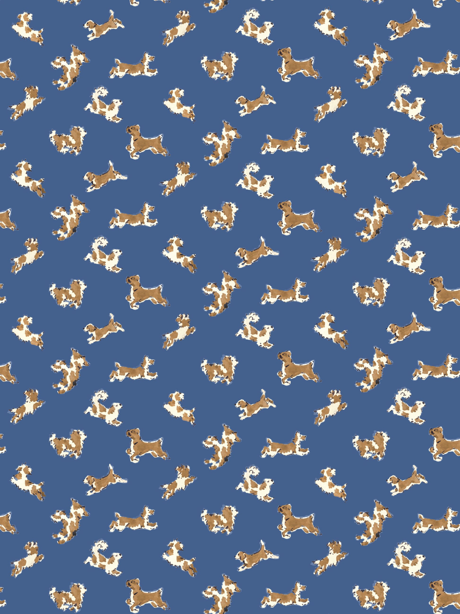 Blue background with a repeating pattern of tan and white horse silhouettes in various directions.