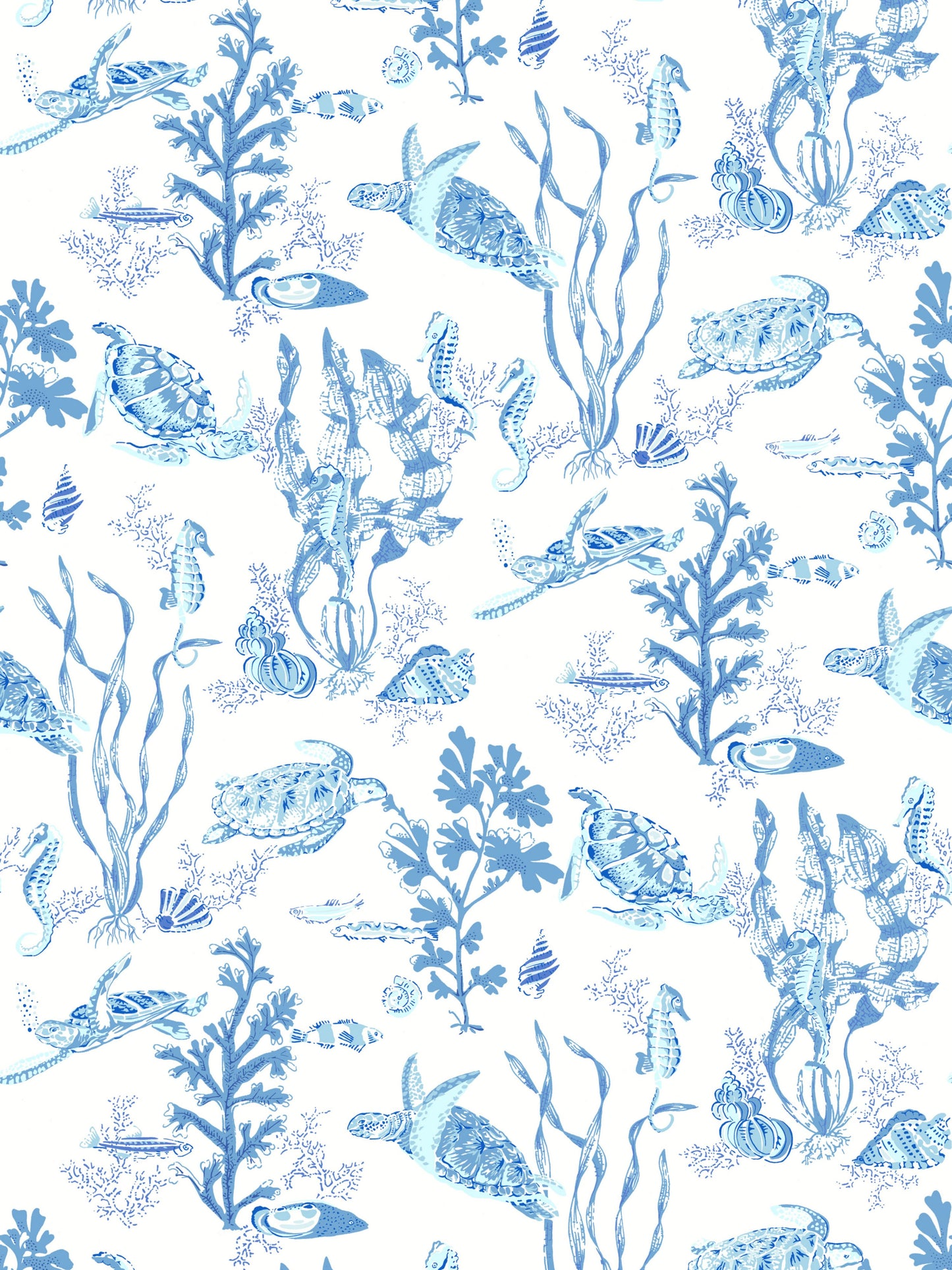 Blue & white marine pattern with sea turtles, fish, shells & seaweed for wallpaper or fabric.