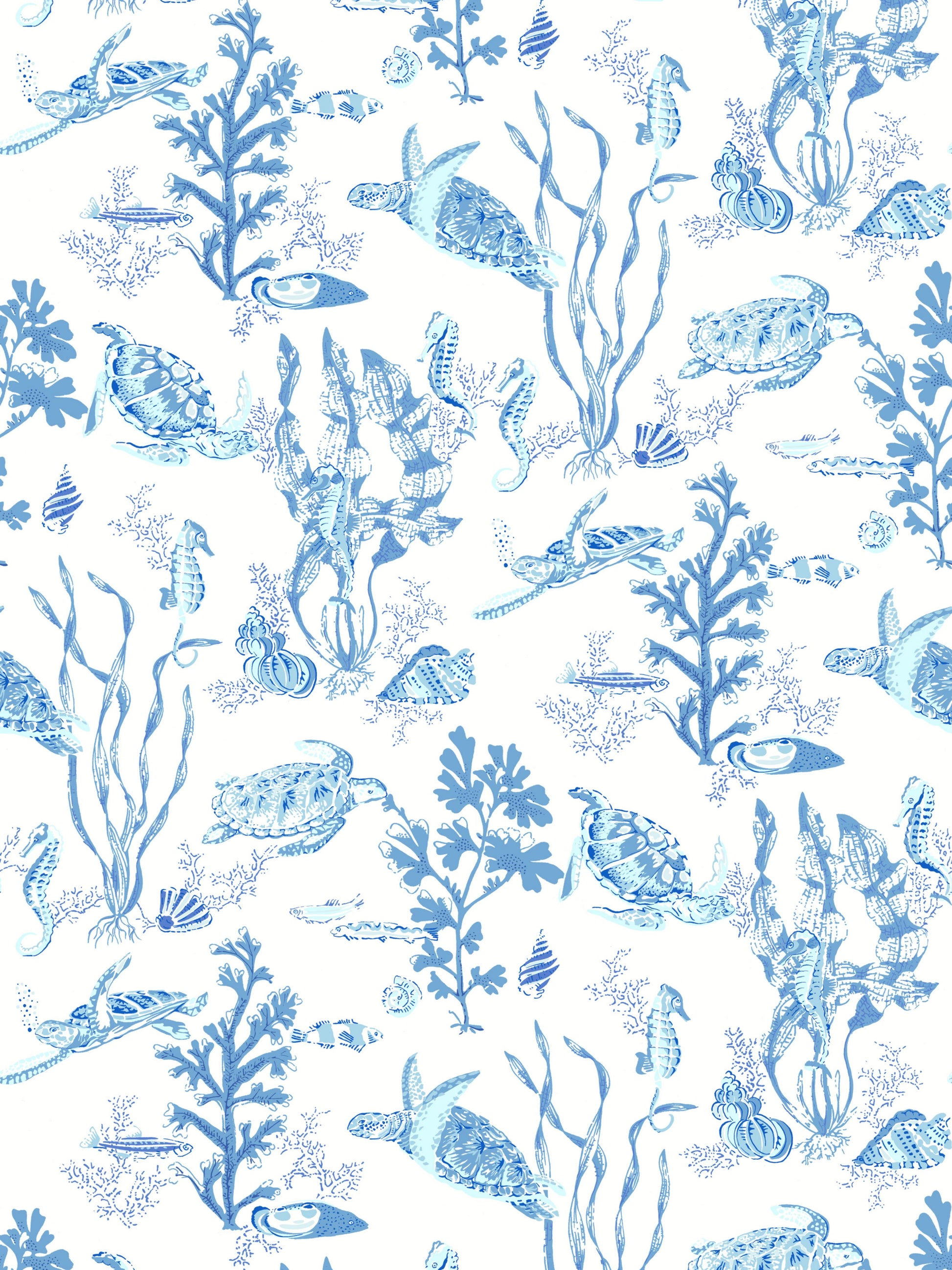 Blue & white marine pattern with sea turtles, fish, shells & seaweed for wallpaper or fabric.