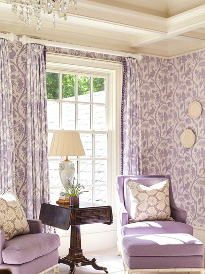 SCALAMANDRE  BALINESE PEACOCK BIRD , ANIMAL 
BOTANICAL , FOLIAGE LAVENDER   - SC 0003WP88355 NEW SKU # SCWP883550003