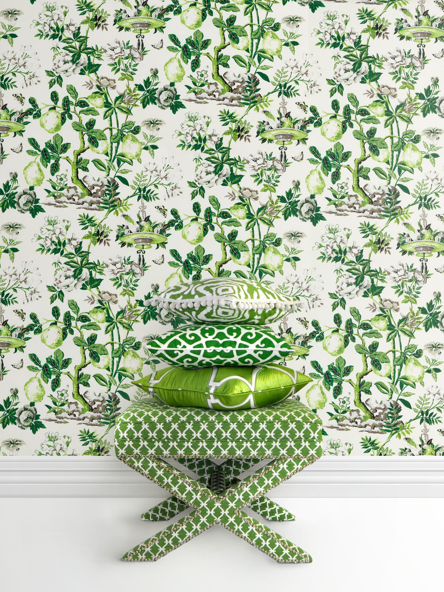Shantung Garden Verdance wallpaper by Scalamandré, featuring green botanical branches, fruits, and butterflies on a white non-woven background – perfect for luxury interiors