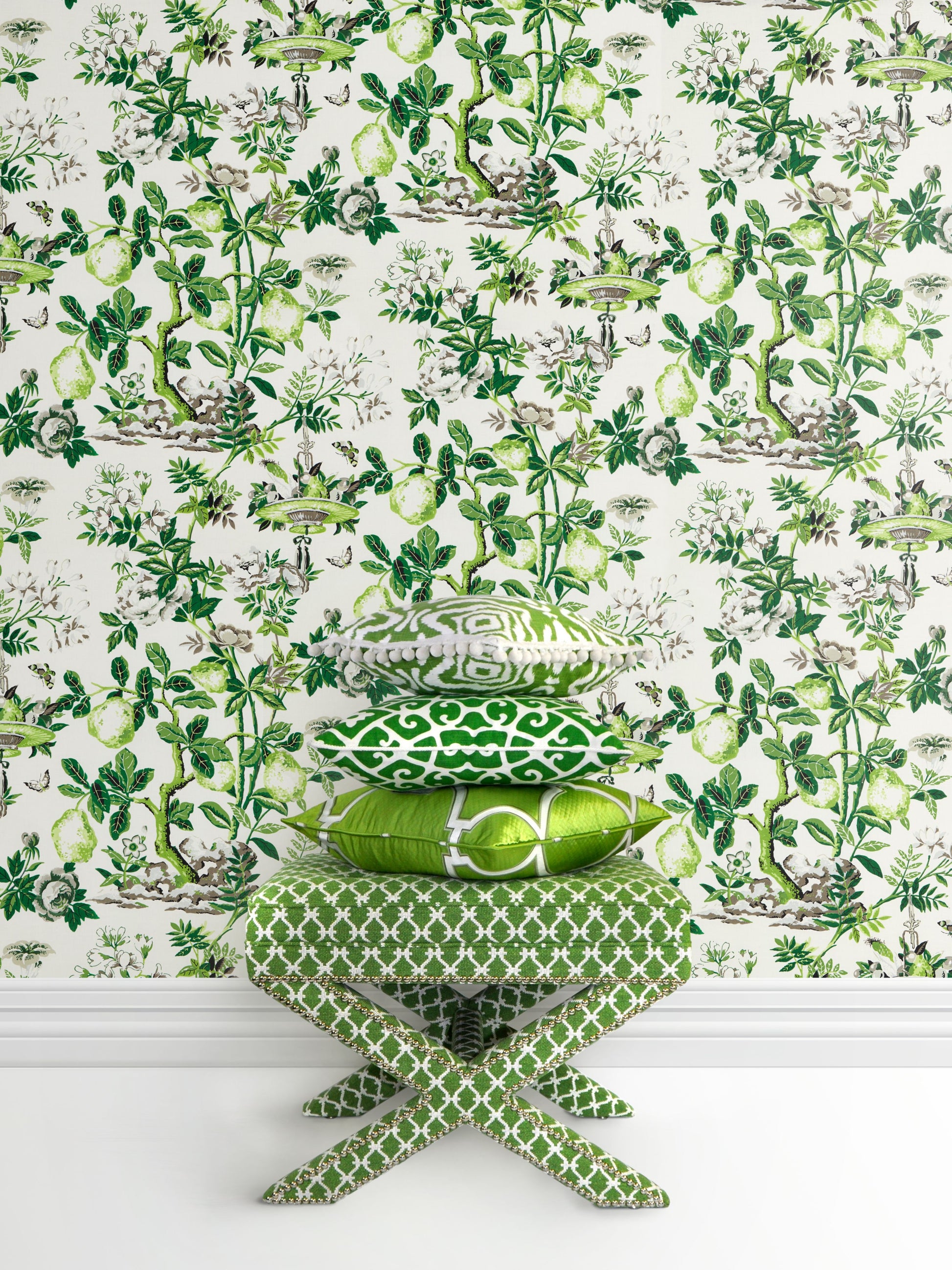 Shantung Garden Verdance wallpaper by Scalamandré, featuring green botanical branches, fruits, and butterflies on a white non-woven background – perfect for luxury interiors