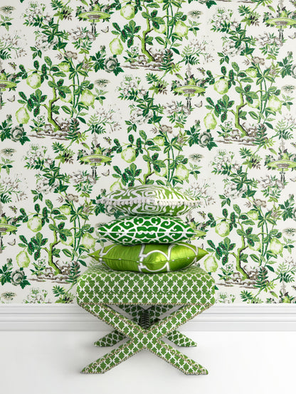 Shantung Garden Verdance wallpaper by Scalamandré, featuring green botanical branches, fruits, and butterflies on a white non-woven background – perfect for luxury interiors