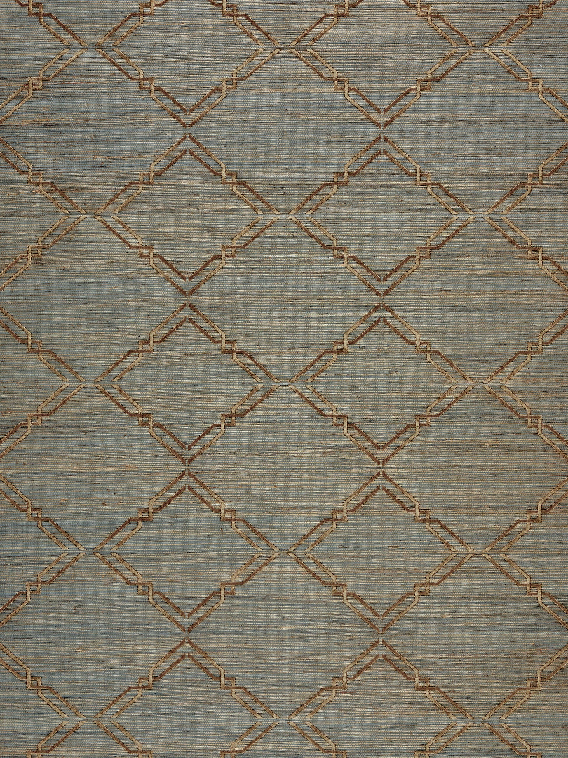 Blue-gray textured rug with a gold diamond lattice trellis pattern.