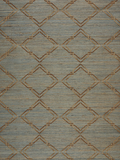Blue-gray textured rug with a gold diamond lattice trellis pattern.