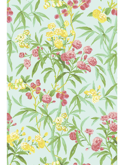 Mint background with yellow and pink flowers and green leaves in a flowing botanical pattern, ideal for fabric or wallpaper.