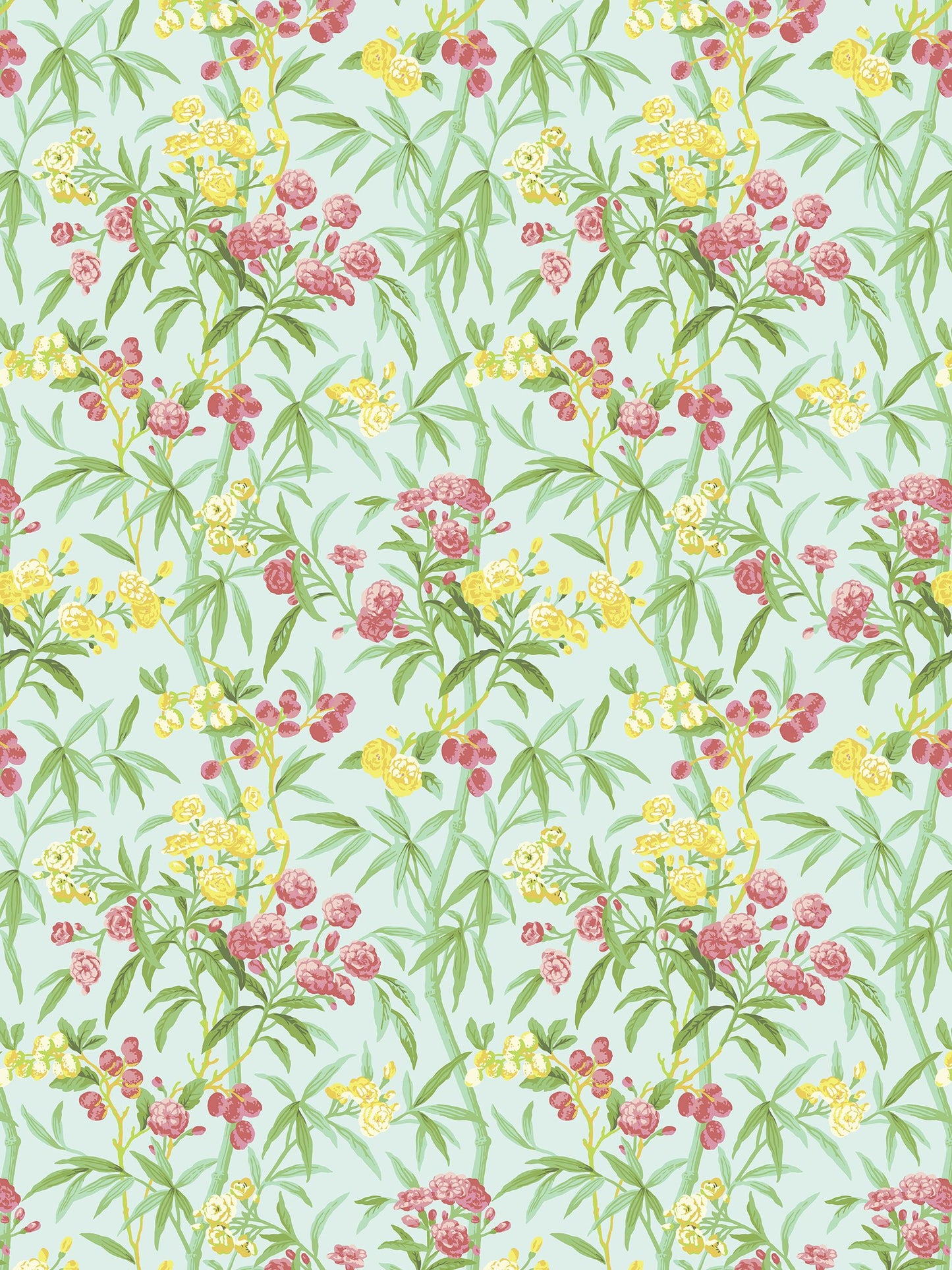 Pastel mint-green fabric with yellow and pink flowers and green leafy vines in a repeating botanical pattern.