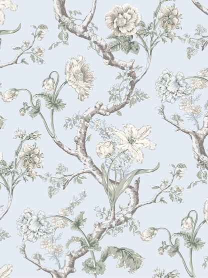 Pastel blue wallpaper with grey-beige botanical branches and ivory flowers in a vintage floral pattern.