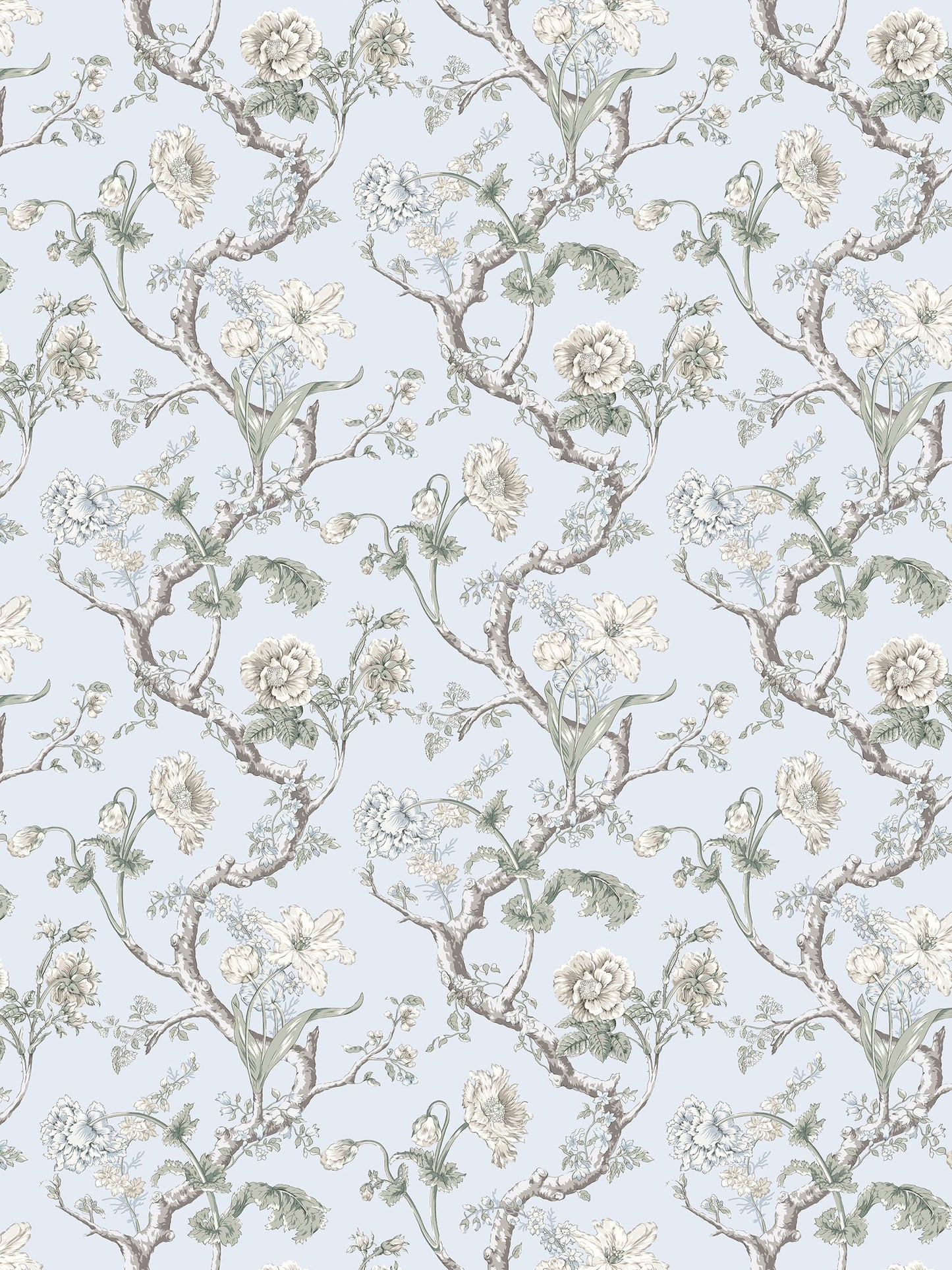 Soft blue-gray wallpaper with winding brown branches, cream roses and green leaves in a vintage botanical pattern.