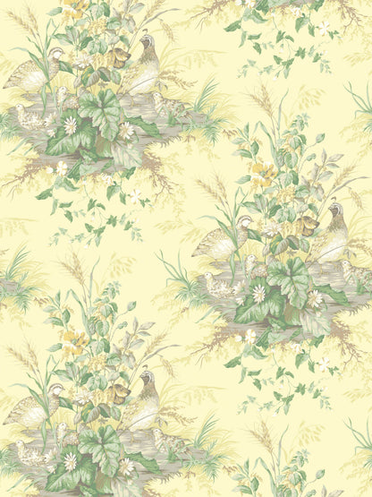 Creamy pale-yellow wallpaper featuring birds perched among green leaves, grasses, and white daisies.