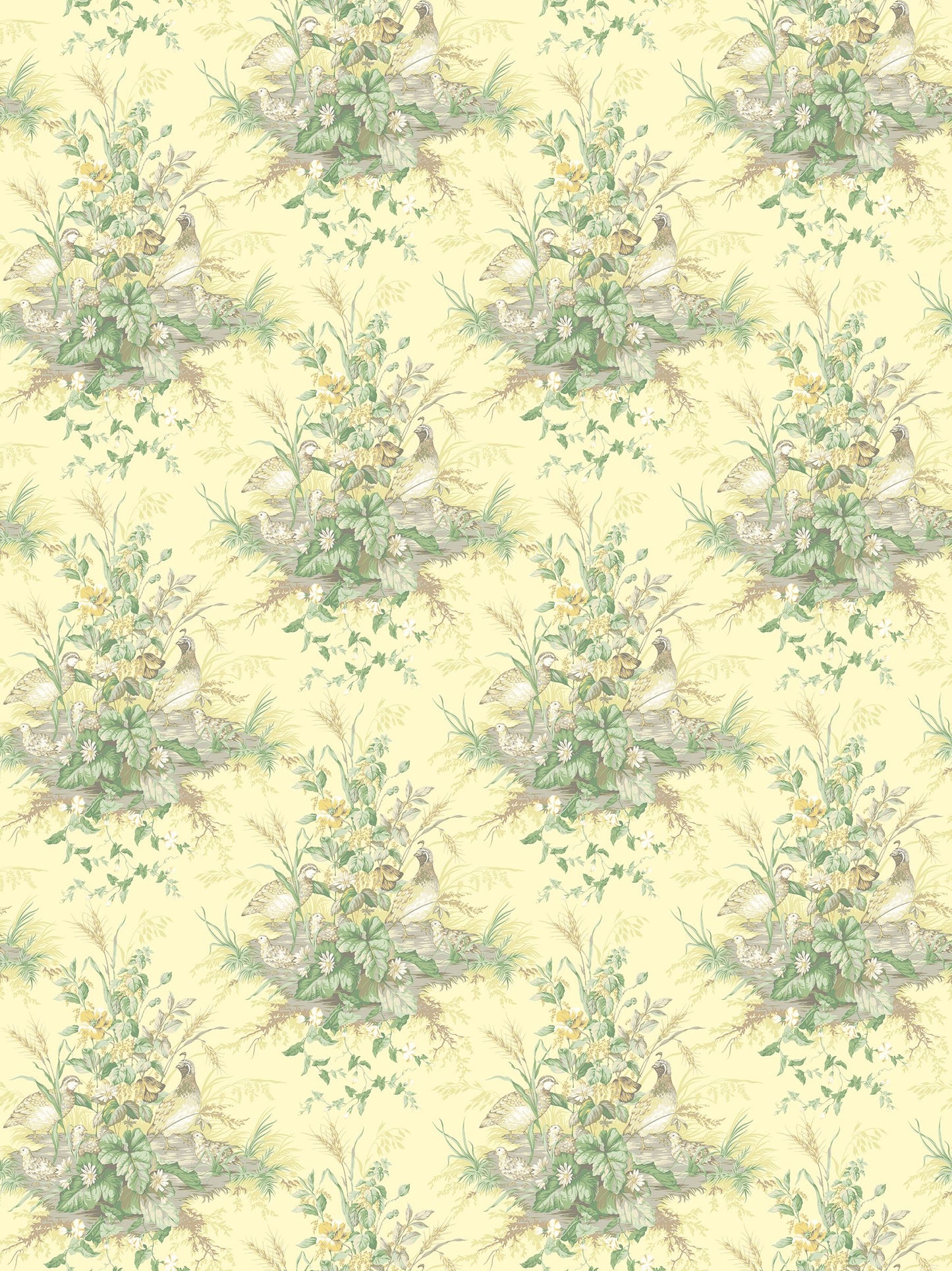 Vintage bird and botanical pattern on pale yellow background with green leaves & pastel flowers in repeating clusters.