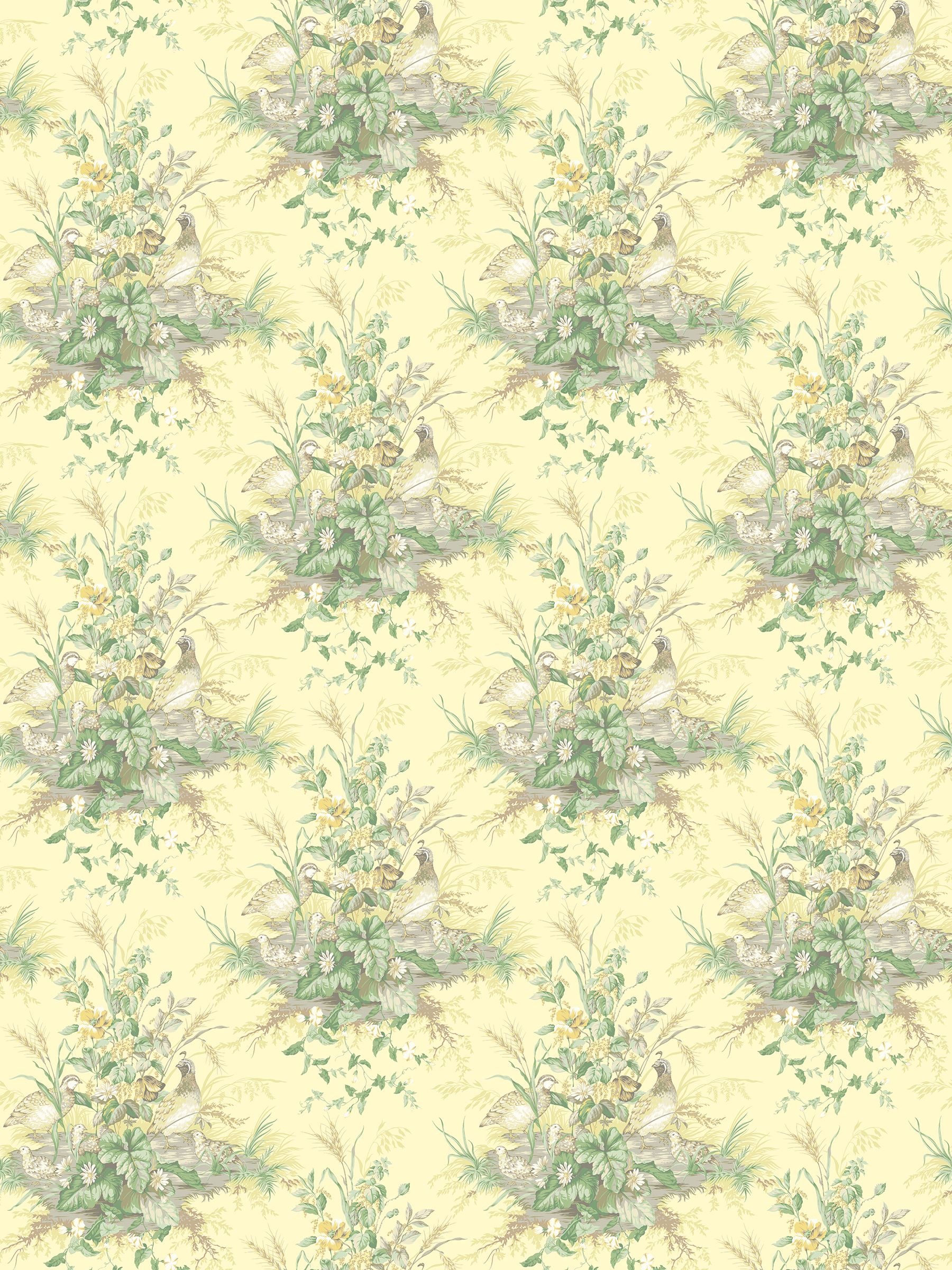 Vintage bird and botanical pattern on pale yellow background with green leaves & pastel flowers in repeating clusters.