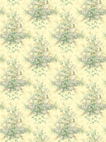 Vintage bird and botanical pattern on pale yellow background with green leaves & pastel flowers in repeating clusters.