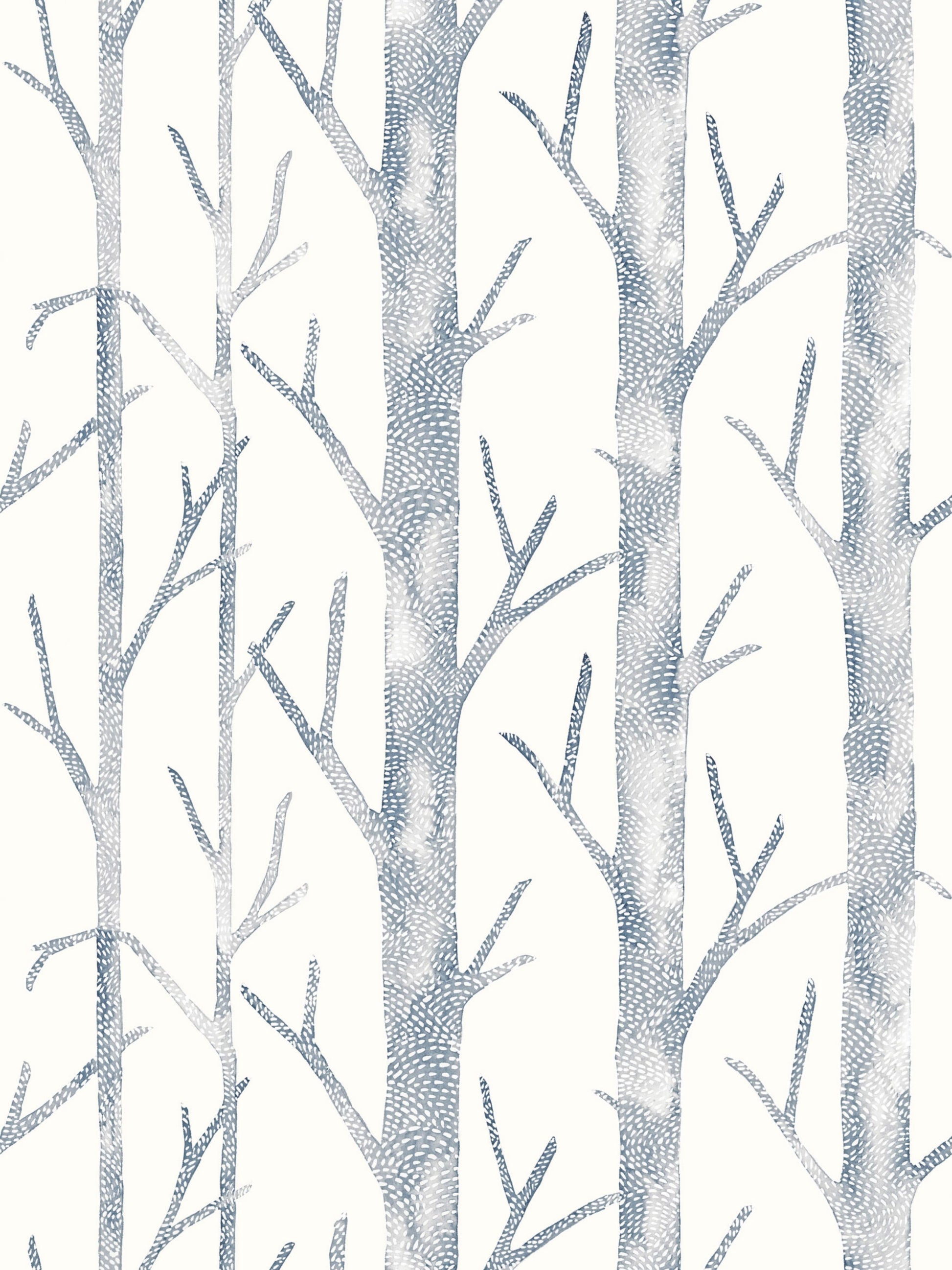 Blue-gray birch tree wallpaper with tall trunks and sparse branches on a light background.