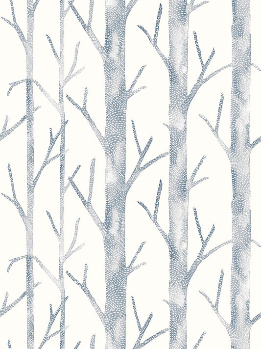 Blue-gray birch tree wallpaper with tall trunks and sparse branches on a light background.