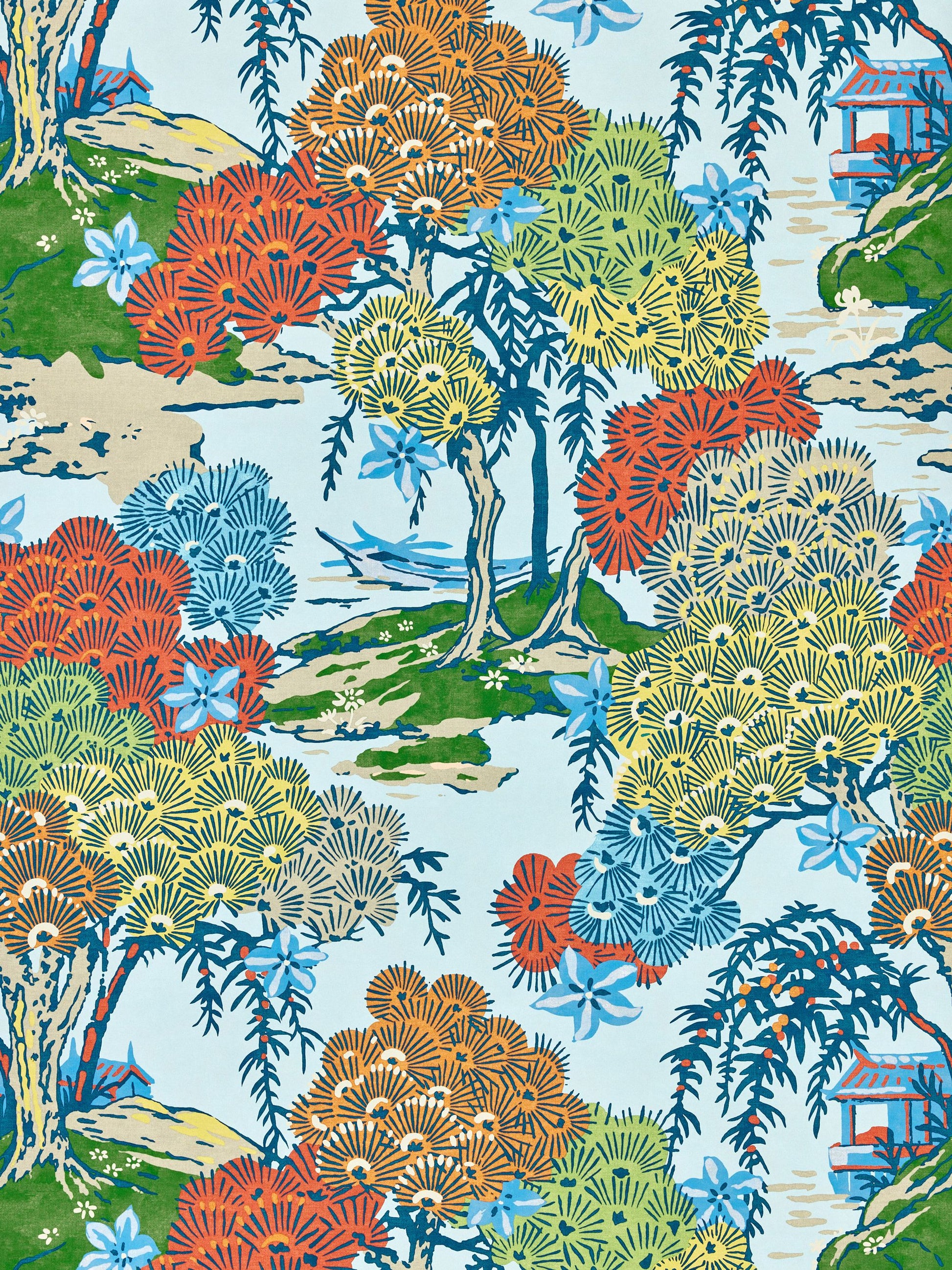 Vibrant tropical fabric print featuring multicolored circular flower clusters, blue palm fronds and water accents.