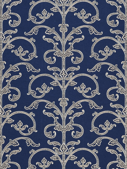 Navy blue wallpaper with a white ornate damask scroll pattern in a repeating vertical design.