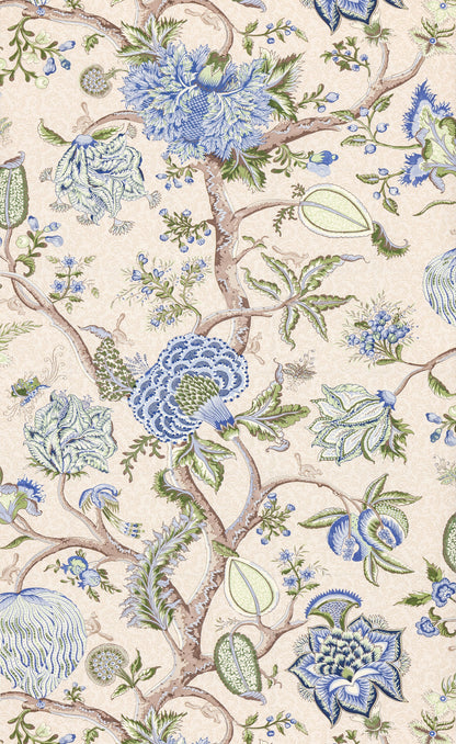 SCALAMANDRE  PONDICHERRY WALLCOVERING BOTANICAL , FOLIAGE 
FLORAL BLUE GREEN ON CREAM FERN   - SC 0003WP88585 NEW SKU # SCWP885850003