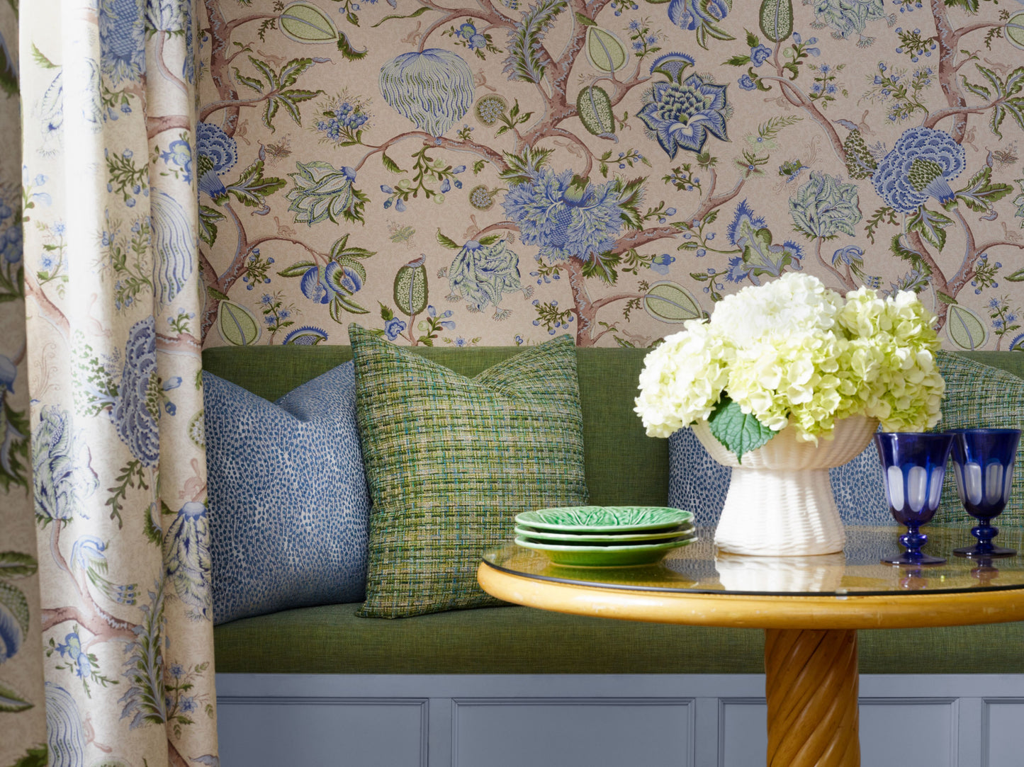 SCALAMANDRE  PONDICHERRY WALLCOVERING BOTANICAL , FOLIAGE 
FLORAL BLUE GREEN ON CREAM FERN   - SC 0003WP88585 NEW SKU # SCWP885850003