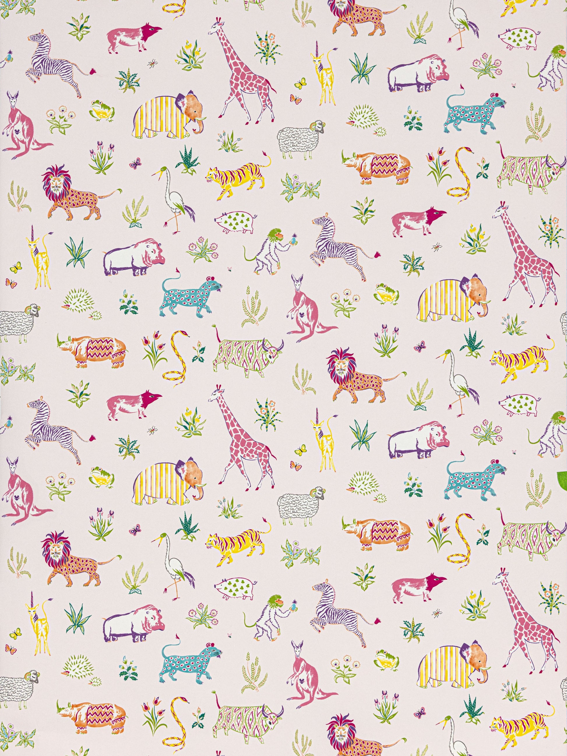 Pastel zoo animal pattern on cream; giraffes, lions, elephants, zebras, tigers, hippos.