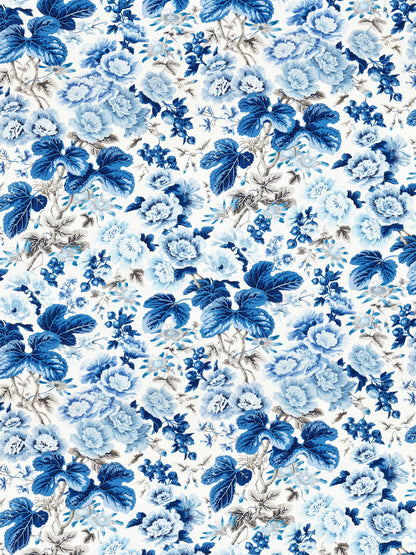 Blue floral print with cobalt and sky-blue roses and leaves on ivory background; vintage textile pattern.