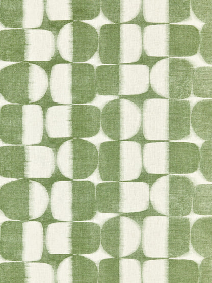 Olive green and cream geometric fabric with rounded-square tiles, retro upholstery textile.