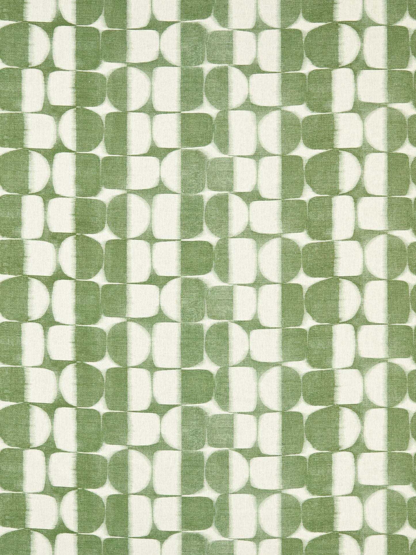Green and white retro geometric linen print fabric with rounded square motifs in Basil, ideal for upholstery or crafts.