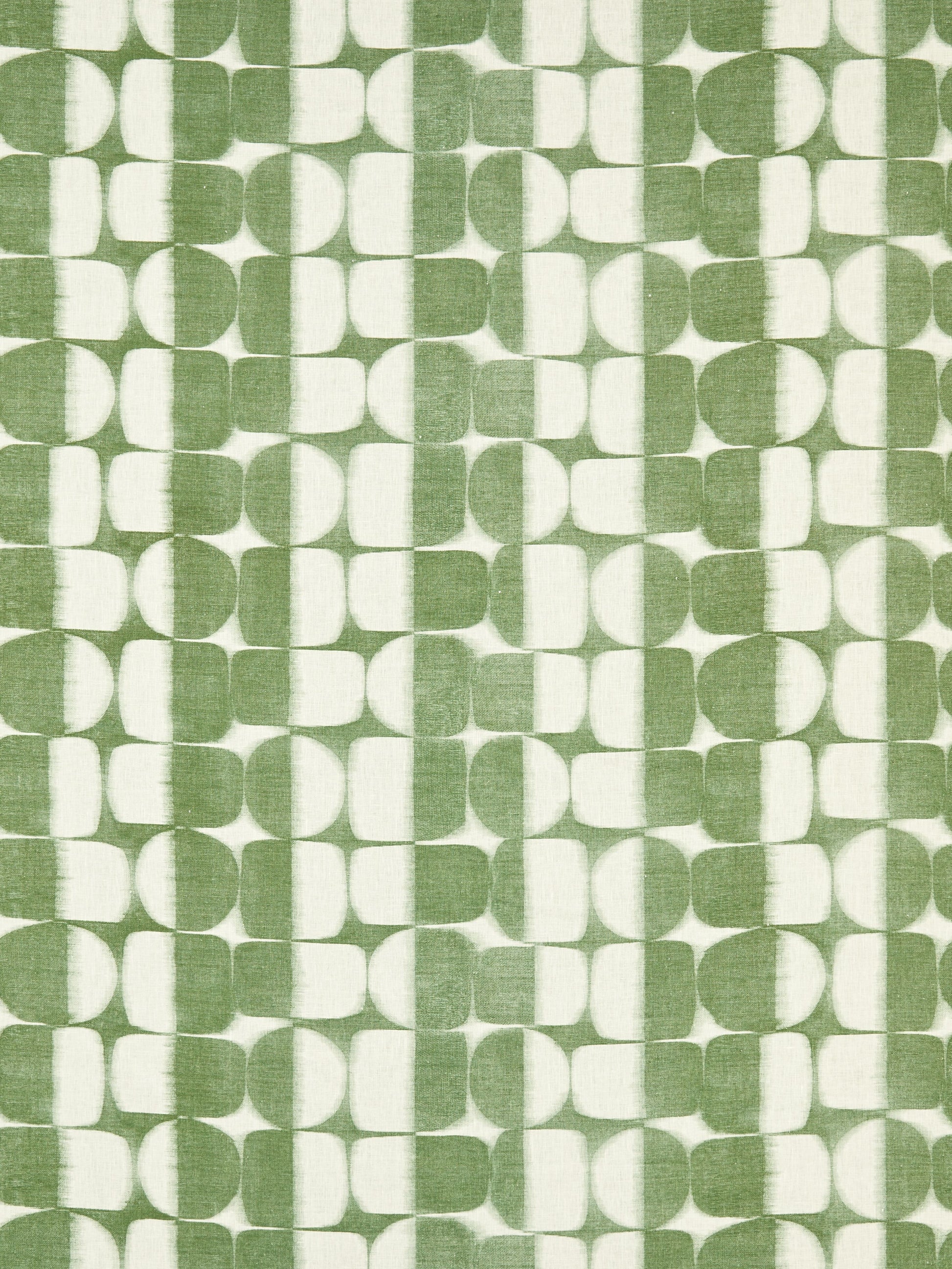 Green and white retro geometric linen print fabric with rounded square motifs in Basil, ideal for upholstery or crafts.