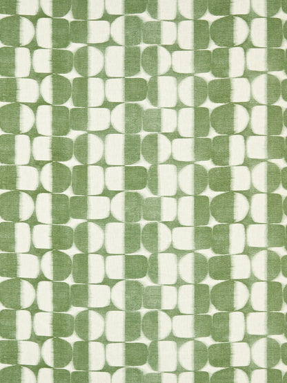 Green and white retro geometric linen print fabric with rounded square motifs in Basil, ideal for upholstery or crafts.