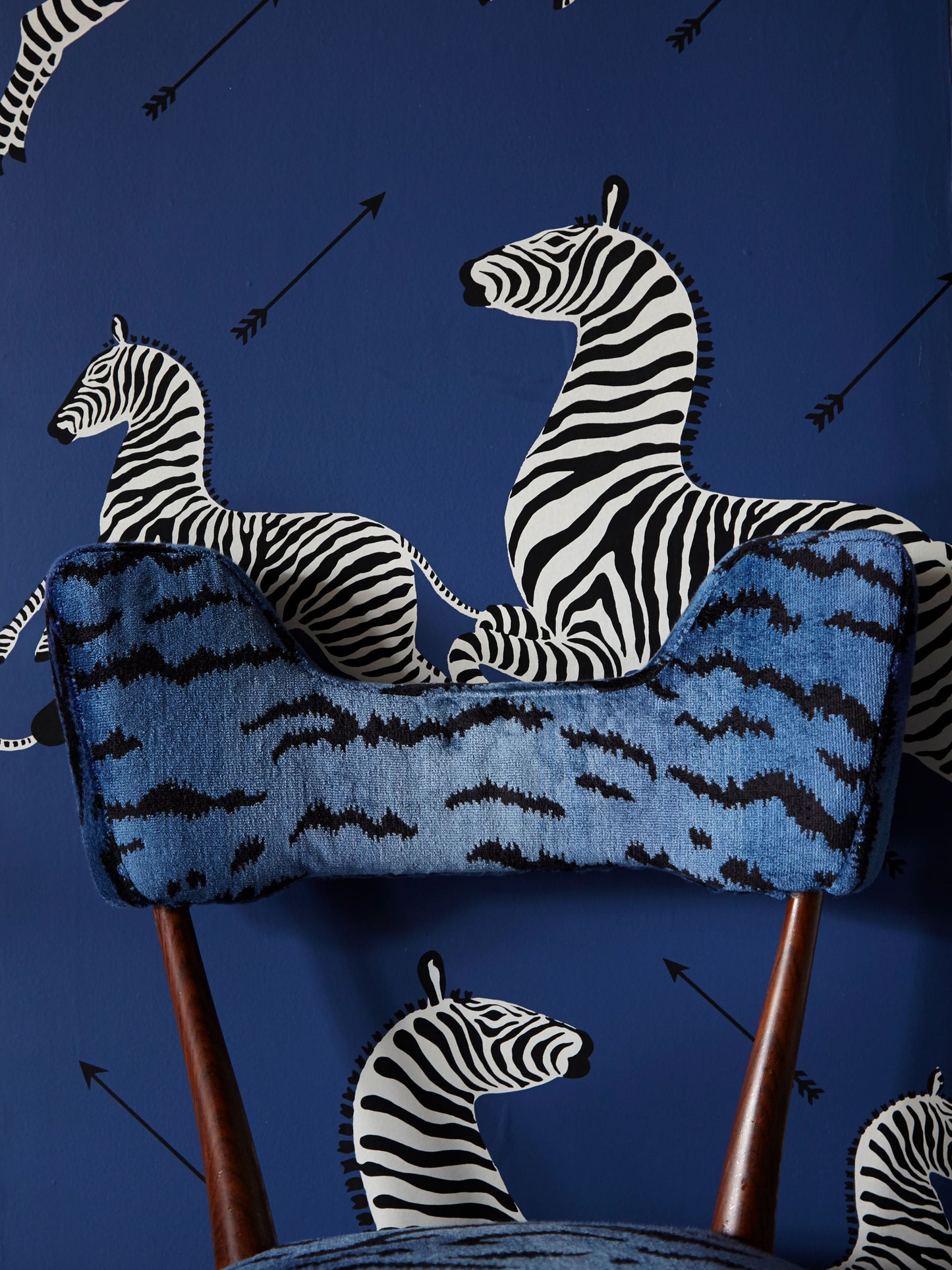 Scalamandré Tigre Blues & Black Cut Velvet Fabric showcasing a bold tiger stripe pattern in deep blues and black, ideal for luxury upholstery projects